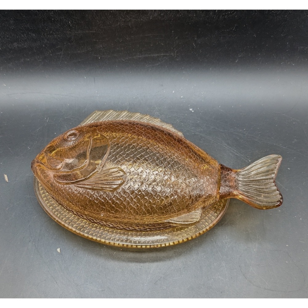 Vintage Amber Glass Fish Butter Dish Two Piece Lidded Set Coastal Decor Chip 9"